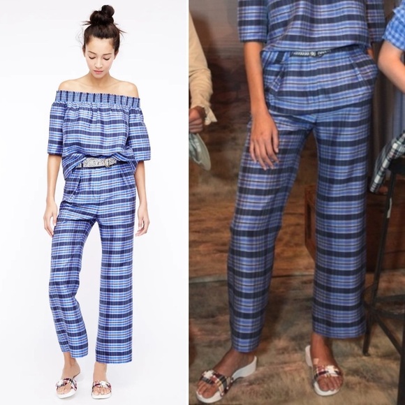 J. Crew Silk Blue Plaid Wide Leg Pant - Picture 1 of 8